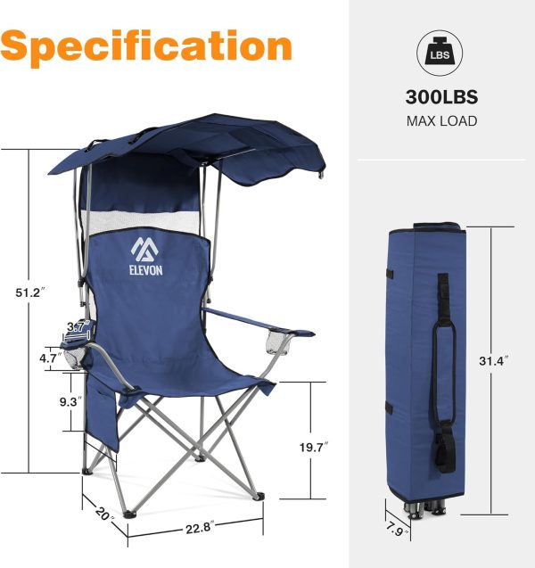 Camping Chair, Oversized Folding Chair with Canopy, Portable Outdoor Chair with Arms, Cup Holder and Carry Bag for Camping, Fishing, Beach, and Sports, Navy Blue - Image 3