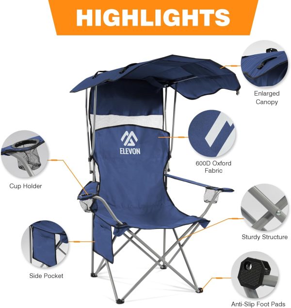 Camping Chair, Oversized Folding Chair with Canopy, Portable Outdoor Chair with Arms, Cup Holder and Carry Bag for Camping, Fishing, Beach, and Sports, Navy Blue - Image 4