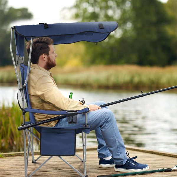 Camping Chair, Oversized Folding Chair with Canopy, Portable Outdoor Chair with Arms, Cup Holder and Carry Bag for Camping, Fishing, Beach, and Sports, Navy Blue - Image 6