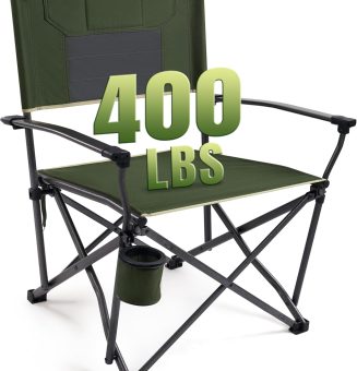 Oversized Folding Camping Chairs for Adults Heavy Duty Camp Chair Support 400 LBS Steel Frame Metal Arm Lawn Chairs with Swivel Cup Holder & Hollow Backrest Extra Large Outdoor Chairs Green