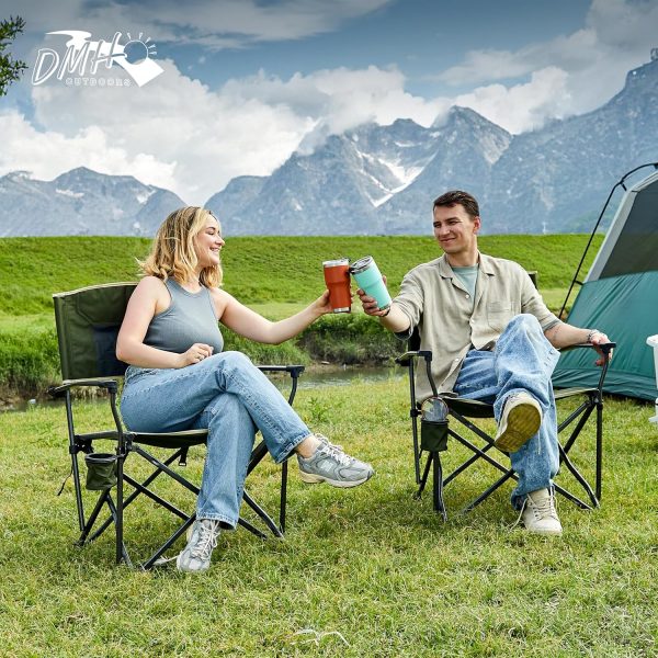 Oversized Folding Camping Chairs for Adults Heavy Duty Camp Chair Support 400 LBS Steel Frame Metal Arm Lawn Chairs with Swivel Cup Holder & Hollow Backrest Extra Large Outdoor Chairs Green - Image 2