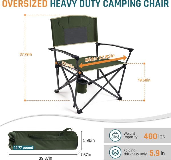 Oversized Folding Camping Chairs for Adults Heavy Duty Camp Chair Support 400 LBS Steel Frame Metal Arm Lawn Chairs with Swivel Cup Holder & Hollow Backrest Extra Large Outdoor Chairs Green - Image 3