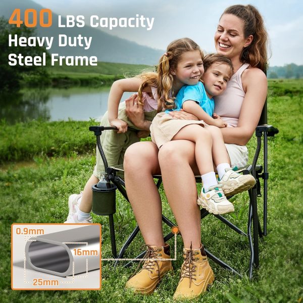Oversized Folding Camping Chairs for Adults Heavy Duty Camp Chair Support 400 LBS Steel Frame Metal Arm Lawn Chairs with Swivel Cup Holder & Hollow Backrest Extra Large Outdoor Chairs Green - Image 4