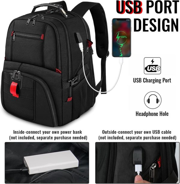 YOREPEK Travel Backpack, Extra Large 50L Laptop Backpacks for Men Women, Water Resistant College Backpacks Airline Approved Business Work Bag with USB Charging Port Fits 17 Inch Computer, Black - Image 3